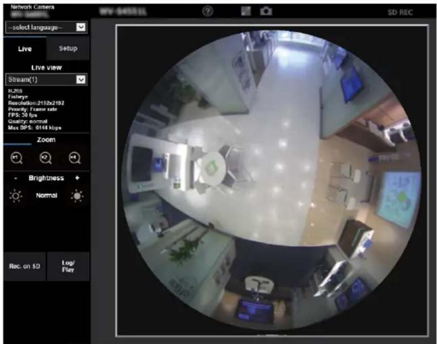 Network Camera select language— Live Setup Live view Stream(1) H.265 Fisheye Resolution:2192x2192 Priority: Frame rate FPS: 30 fps Quality: normal Max DPS: 8144 kbps Zoom Brightness Normal Rec. on SD Log/ Play WF-54551L SD REC