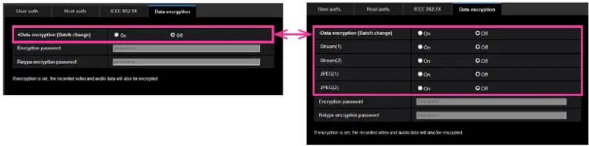 User auth Host auth IEEE 802.1X Data encryption +Data encryption (Batch change) On Off Encryption password Stream(1) Stream(2) JPEG(1) JPEG(2) Encryption password Stream(1) Stream(2) JPEG(1) JPEG(2) If encryption is set, the recorded video and audio data will also be encrypted.