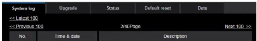 System log << Latest 100 << Previous 100 Upgrade Status Default reset Data 2/40Page Next 100 >> No. Time & date Description