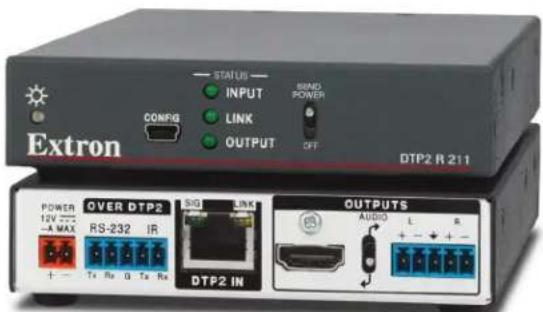 Extron STATUS INPUT LINK OUTPUT READ POWER CONFIG DTP2 R 211 POWER 12V - A MAX OVER DTP2 RS-232 IR DIG LINK DTP2 IN OUTPUTS AUDIO L R + - + -