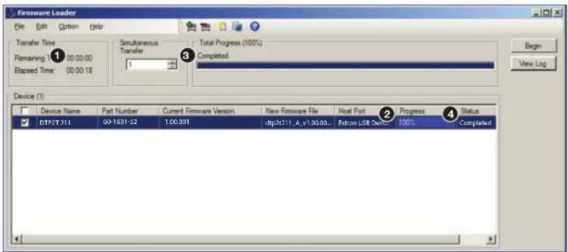Firmware Loader File Edit Option Help Transfer Time: 100:00:00 Remaining 100:00:00 Elapsed Time: 00:00:18 Simultaneous Transfer 1 Total Progress (100%) Completed Begin View Log Device (1) Device Name Part Number Current Firmware Version New Firmware File Host Port Progress Status DTP2T211 60-1031-52 1.00.301 dtp2T211_A_v1.00.00... Extran USB Dev: 100% Completed