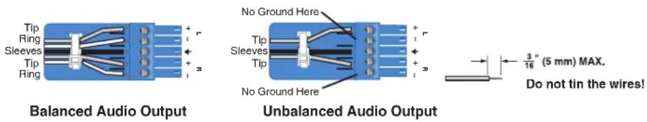 Tip Ring Sleeves Tip Ring Balanced Audio Output No Ground Here Tip Sleeves Tip No Ground Here Unbalanced Audio Output 3/16" (5 mm) MAX. Do not tin the wires!