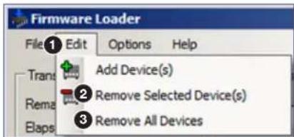 Firmware Loader File Edit Options Help Trans Add Device(s) Remem Remove Selected Device(s) Elaps Remove All Devices