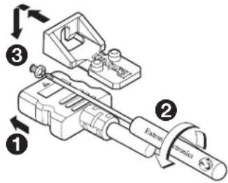 Technical diagram of a mechanical device with numbered components and directional arrows indicating assembly or motion.