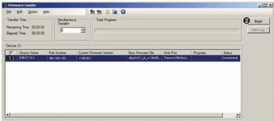Firmware Loader File Edit Option Help Transfer Time Remaining Time: 00:00.00 Blaped Time: 00:00.00 Simultaneous Transfer h Total Progress Device (1) Device Name Part Number Current Firmware Version New Firmware File Host Port Progress Status DTP2T 211 60-1631-52 1.00.001 dfp211_A_v1.00.00... Extron USB Devi... Connected