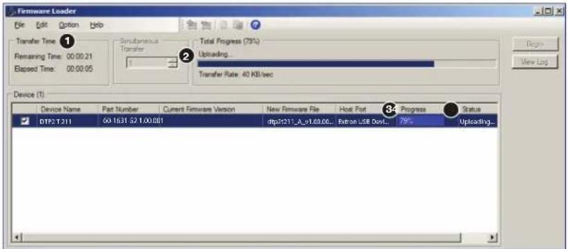 Firmware Loader File Edit Option Help Transfer Time ① Remaining Time: 00:00:21 Elapsed Time: 00:00:05 Simultaneous Transfer 1 Total Progress (79%) Uploading... Transfer Rate: 40 KB/sec Device (T) Device Name Part Number Current Firmware Version New Firmware File Host Port Progress Status DTP2.T211 60-1631.52 T.00.001 dtp211_A_01.60.00... Extron USB DowL... 79% Uploading...