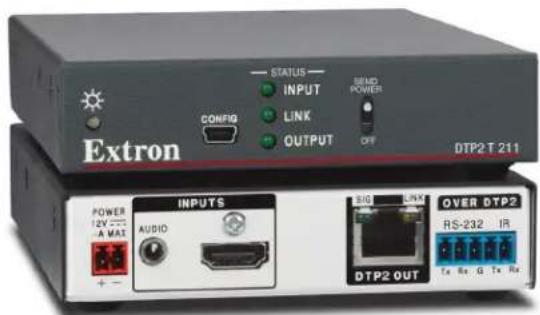 Extron STATUS INPUT LINK OUTPUT SMD POWER CONFIG DTP2 T 211 POWER 12V A MAX INPUTS AUDIO + - BIG LINK DTP2 OUT OVER DTP2 RS-232 IR Tx Rx G Tx Rx