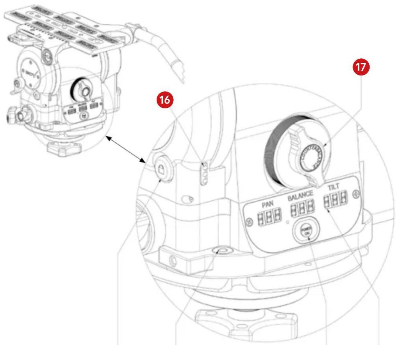Technical diagram of a mechanical device with labeled parts including pump, balance, tilt, and control buttons