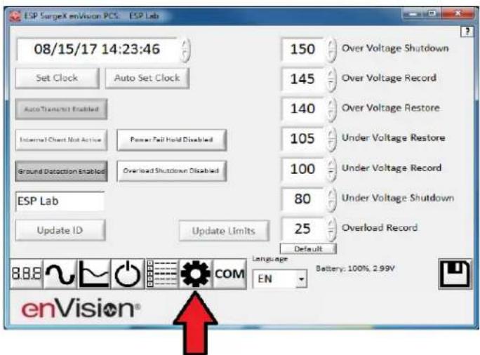ESP SurgeX enVision PCS - ESP Lab 08/15/17 14:23:46 Set Clock Auto Set Clock Auto Transistor Enabled Internal Chart Not Active Power Fall Hold Disabled Ground Distraction Enabled Overload Shutdown Disabled ESP Lab Update ID Update Limits 150 Over Voltage Shutdown 145 Over Voltage Record 140 Over Voltage Restore 105 Under Voltage Restore 100 Under Voltage Record 80 Under Voltage Shutdown 25 Overload Record Default Language 8.8.8 COM EN Battery: 100%, 2.99V enVision®