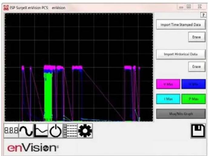 ESP SurgeX enVision PCS: enVision Import Time Stamped Data Erase Import Historical Data Erase V Max V Min I Max P Max Max/Min Graph 8.8.8 ~ ~ ○️ EnVision®