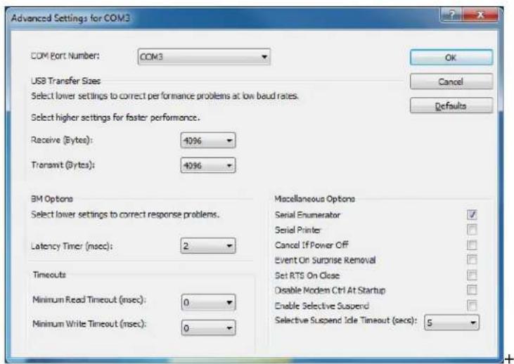 Advanced Settings for COM3 COM Port Number: COM3 USB Transfer Sizes Select lower settings to correct performance problems at low baud rates. Select higher settings for faster performance. Receive (Bytes): 4096 Transmit (Bytes): 4096 BM Options Select lower settings to correct response problems. Latency Timer (msec): 2 Timeouts Minimum Read Timeout (msec): 0 Minimum Write Timeout (msec): 0 Macellansous Options Serial Enumerator ✓ Serial Printer ✓ Cancel If Power Off ✓ Event On Surprise Removal ✓ Set RTS On Close ✓ Disable Modem Ctrl At Startup ✓ Enable Selective Suspend ✓ Selective Suspend Idle Timeout (secs): 5