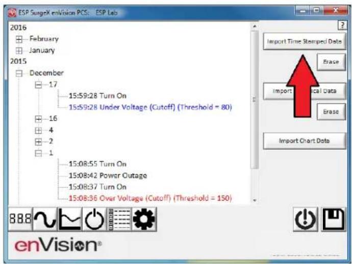 ESP SurgeX enVision PCS: ESP Lab 2016 February January 2015 December -17 -15:59:28 Turn On -15:59:28 Under Voltage (Cutoff) (Threshold = 80) -16 -4 -2 -1 -15:08:55 Turn On -15:08:42 Power Outage -15:08:37 Turn On -15:08:36 Over Voltage (Cutoff) (Threshold = 150) Import Time Stamped Data Erase Import Technical Data Erase Import Chart Data 888 EnVision®