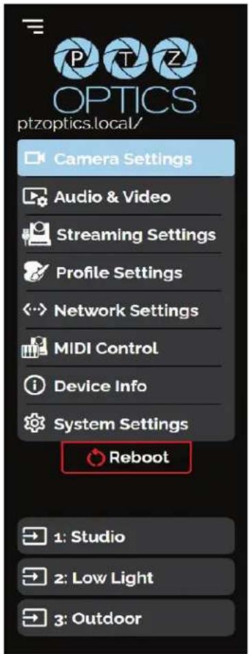 OPTICS ptzoptics.local/ Camera Settings Audio & Video Streaming Settings Profile Settings Network Settings MIDI Control Device Info System Settings Reboot 1: Studio 2: Low Light 3: Outdoor