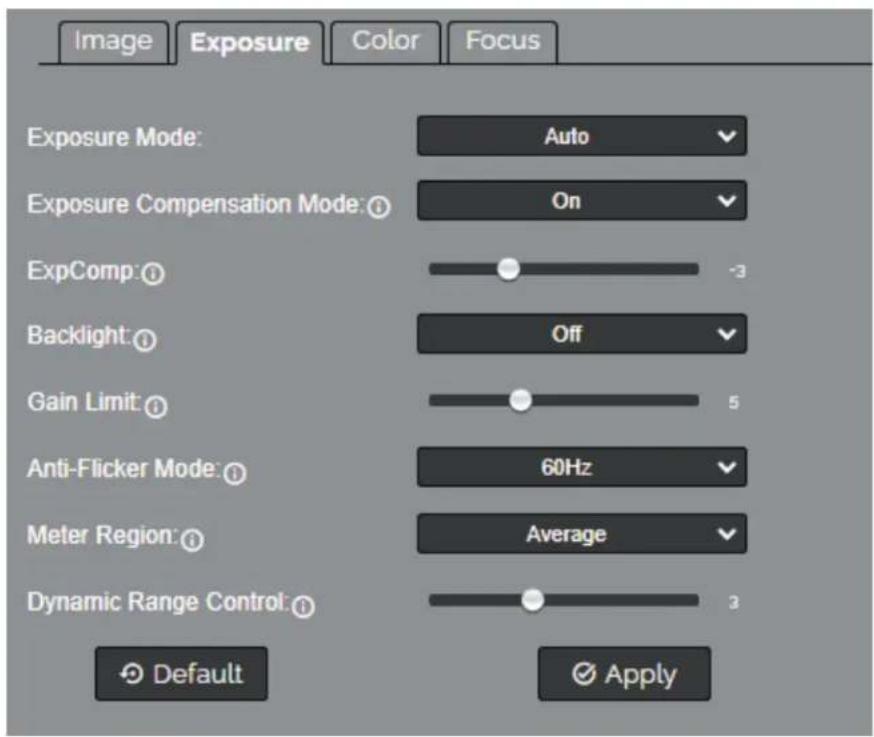 Image Exposure Color Focus Exposure Mode: Auto Exposure Compensation Mode: On ExpComp: -3 Backlight: Off Gain Limit: 5 Anti-Flicker Mode: 60Hz Meter Region: Average Dynamic Range Control: 3 Default Apply