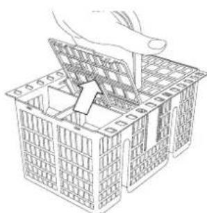 Line drawing of a hand placing a patterned object into a wireframe basket (no text or symbols)