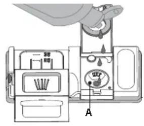 Diagram of a refrigerator interior with labeled parts and a hand holding the lid, showing internal compartments and a dial indicator.