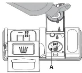 Diagram of a refrigerator interior with labeled parts and hand holding handle.