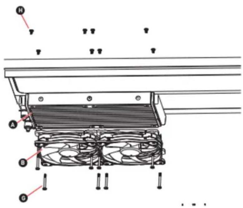 Technical diagram of a mechanical assembly with labeled components A, B, G and H