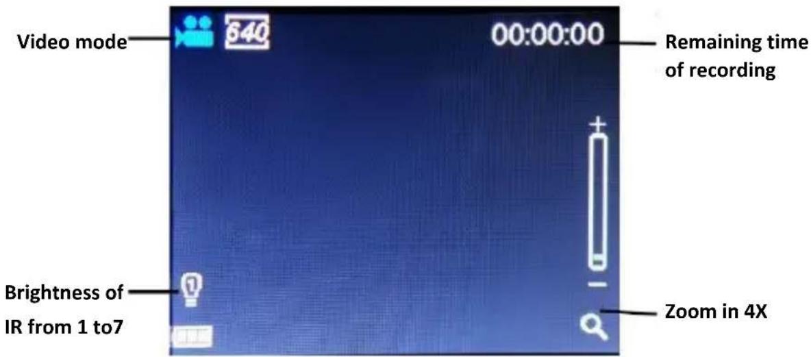 Video mode 640 00:00:00 Remaining time of recording Brightness of IR from 1 to7 Zoom in 4X
