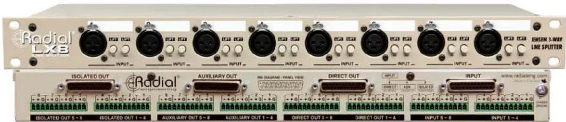Radial LXB INPUT INPUT INPUT INPUT INPUT INPUT JENSEN 3-WAY LINE SPLITTER ISOLATED OUT Radial® AUXILIARY OUT PIN DIAGRAM / PANEL VIEW DIRECT OUT INPUT INPUT www.radiakeng.com ISOLATED OUT 5-8 ISOLATED OUT 1-4 AUXILIARY OUT 5-8 AUXILIARY OUT 1-4 DIRECT OUT 5-8 DIRECT OUT 1-4 INPUT 5-8 INPUT 1-4