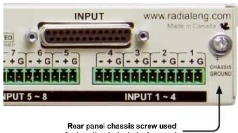 INPUT www.radialeng.com Made in Canada ED 6 5 4 3 2 1 CHASSIS GROUND INPUT 5 ~ 8 INPUT 1 ~ 4 Rear panel chassis screw used for bending to technical ground