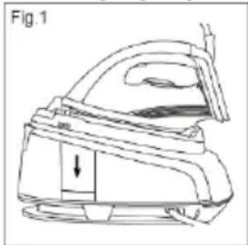 Line drawing of a steam iron with a downward arrow indicating motion (no text or symbols)