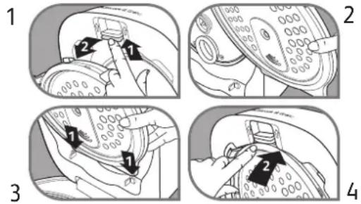 Diagram showing four steps of a device control panel with labeled buttons and directional arrows indicating action sequence.