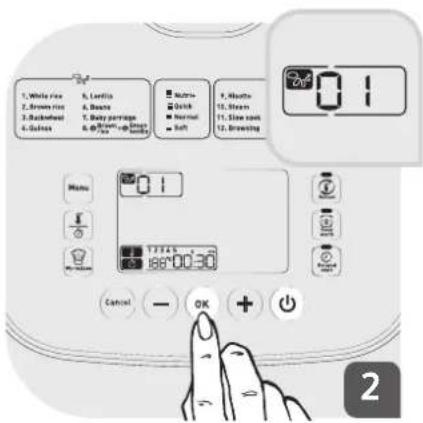 1. White rice 2. Brown rice 3. Backhoeal 4. Gutree 5. Lentils 6. Beans 7. Baby pergrape 8. 0mm / 10 mm 9. Abalone 10. Stearn 11. Slow coat 12. Browning Control OK + - Control - - TIFRAS 188°00'30" 0:1