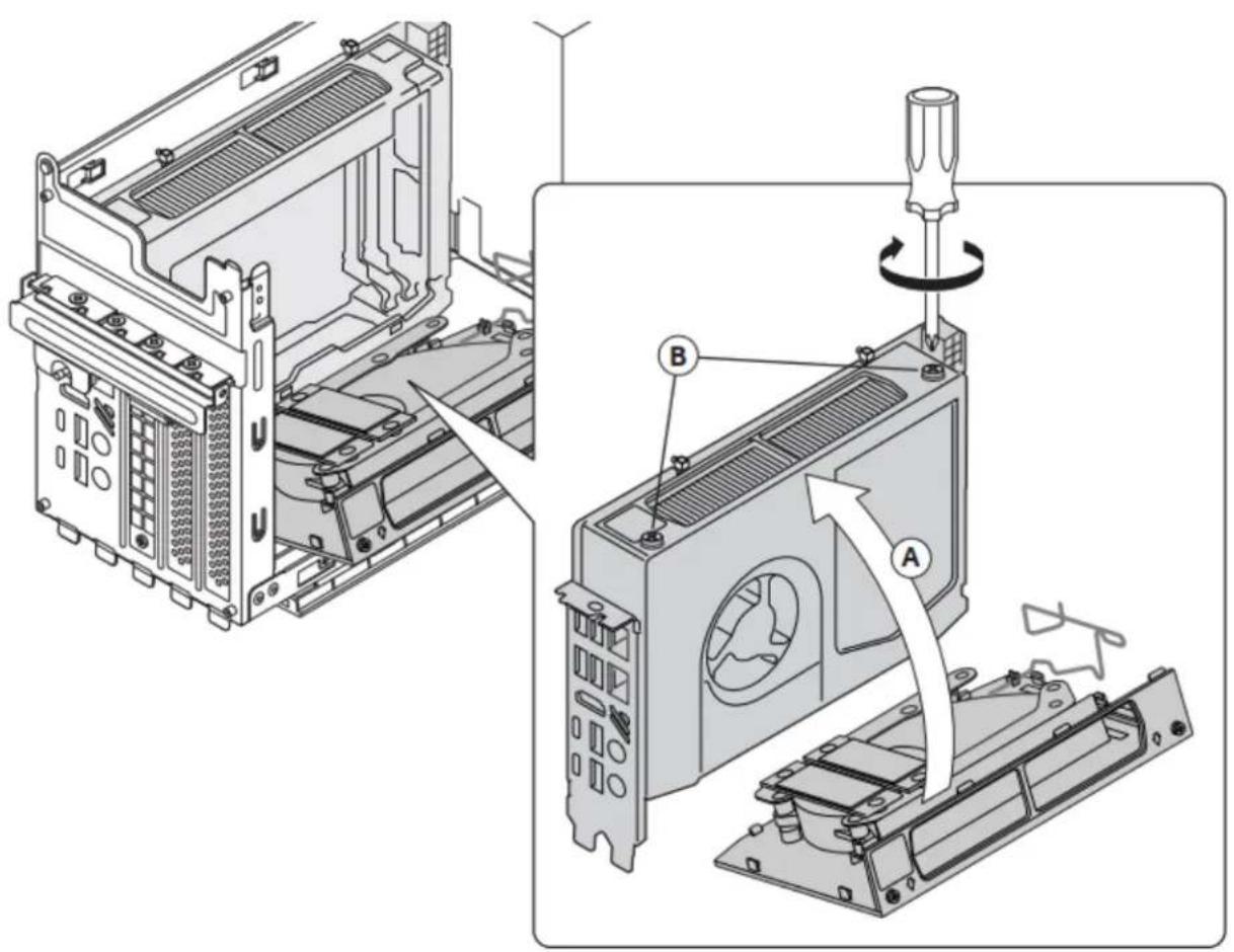 Technical diagram showing installation of a computer drive into a motherboard, with labeled components A and B and a screwdriver.