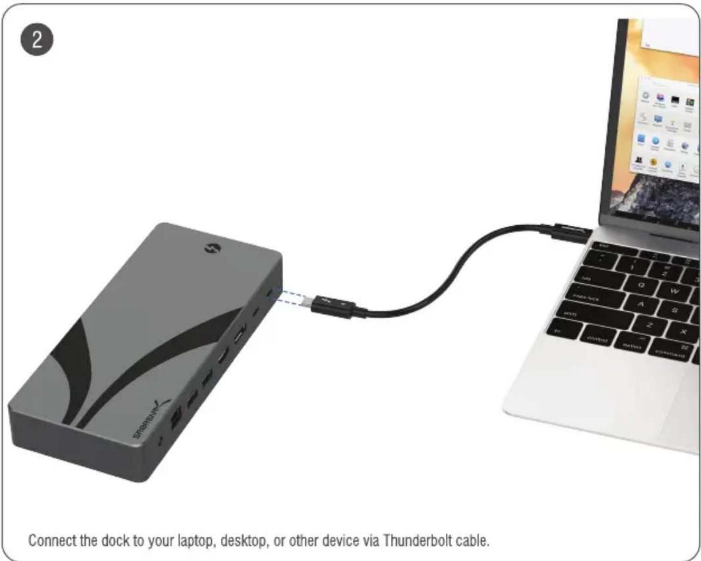 2 STRAWBOLT Connect the dock to your laptop, desktop, or other device via Thunderbolt cable.