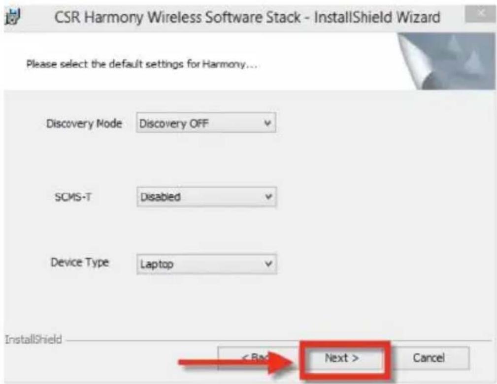 CSR Harmony Wireless Software Stack - InstallShield Wizard Please select the default settings for Harmony... Discovery Mode Discovery OFF SCMS-T Disabled Device Type Laptop InstallShield < Back Next > Cancel