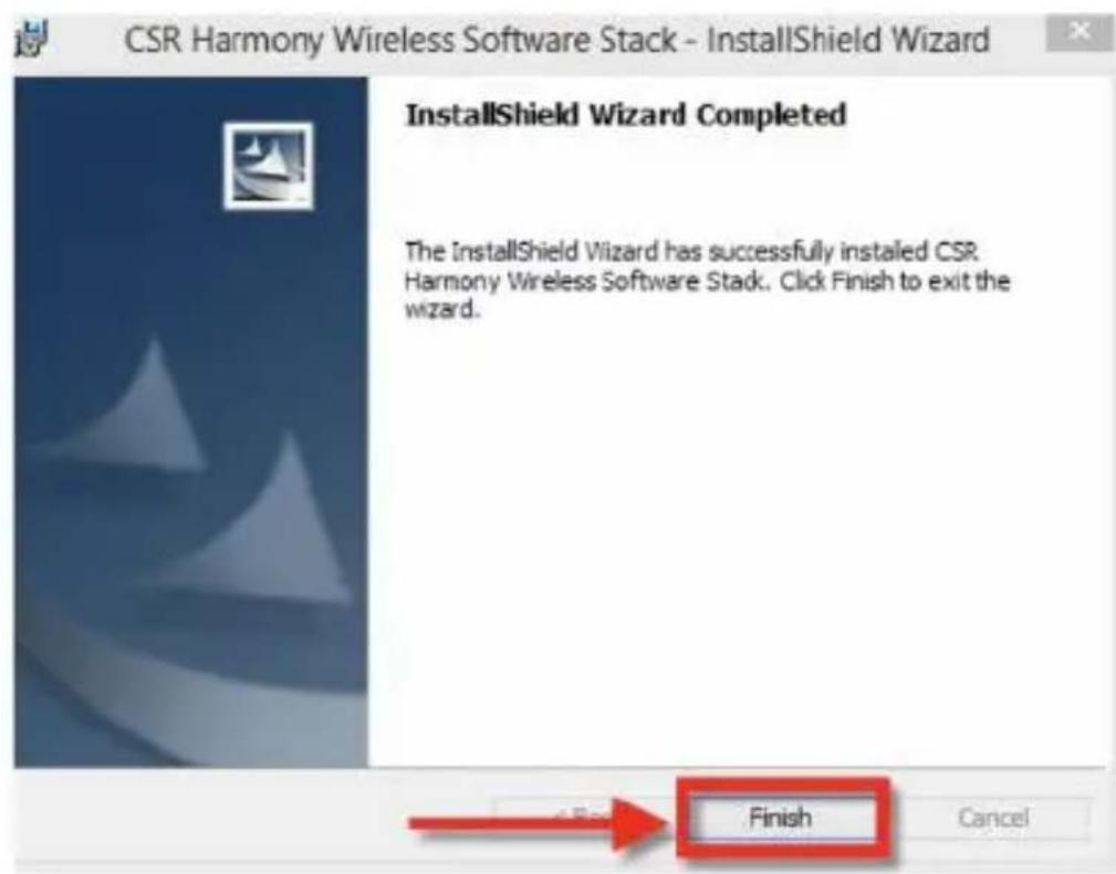 CSR Harmony Wireless Software Stack - InstallShield Wizard InstallShield Wizard Completed The InstallShield Wizard has successfully installed CSR Harmony Wireless Software Stack. Click Finish to exit the wizard. Finish Cancel