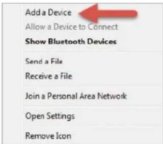 Add a Device Allow a Device to Connect Show Bluetooth Devices Send a File Receive a File Join a Personal Area Network Open Settings Remove Icon