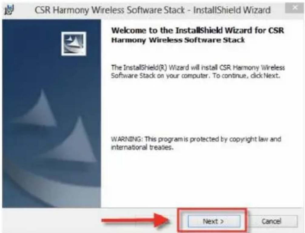 CSR Harmony Wireless Software Stack - InstallShield Wizard Welcome to the InstallShield Wizard for CSR Harmony Wireless Software Stack The InstallShield(R) Wizard will install CSR Harmony Wireless Software Stack on your computer. To continue, click Next. WARNING: This program is protected by copyright law and international treaties. Next > Cancel