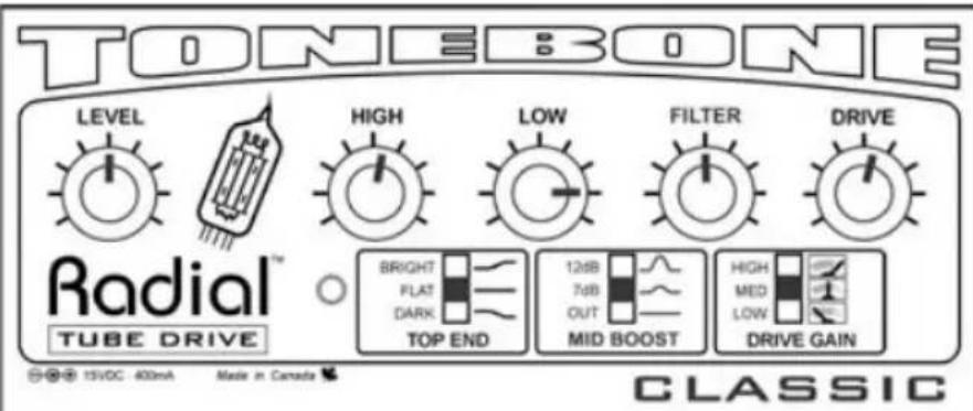TONEBONE LEVEL HIGH LOW FILTER DRIVE Radial™ TUBE DRIVE BRIGHT FLAT DARK TOP END 12dB 7dB OUT MID BOOST HIGH MED LOW DRIVE GAIN CLASSIC