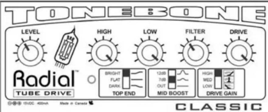 TONEBONE LEVEL HIGH LOW FILTER DRIVE Radial™ TUBE DRIVE BRIGHT FLAT DARK TOP END 12dB 7dB OUT MID BOOST HIGH MED LOW DRIVE GAIN CLASSIC