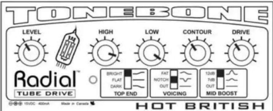 TONEBONE LEVEL HIGH LOW CONTOUR DRIVE Radial™ TUBE DRIVE BRIGHT FLAT DARK TOP END FAT NOTCH OUT VOICING 12dB 7dB OUT MID BOOST 15VDC - 400mA Made in Canada HOT BRITISH