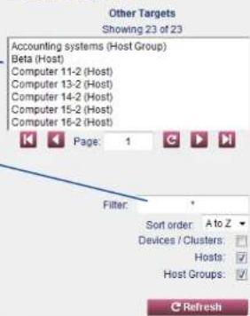 Other Targets Showing 23 of 23 Accounting systems (Host Group) Beta (Host) Computer 11-2 (Host) Computer 13-2 (Host) Computer 14-2 (Host) Computer 15-2 (Host) Computer 16-2 (Host) K Page: 1 C P M Filter: Sort order: A to Z Devices / Clusters: Hosts: Host Groups: Refresh