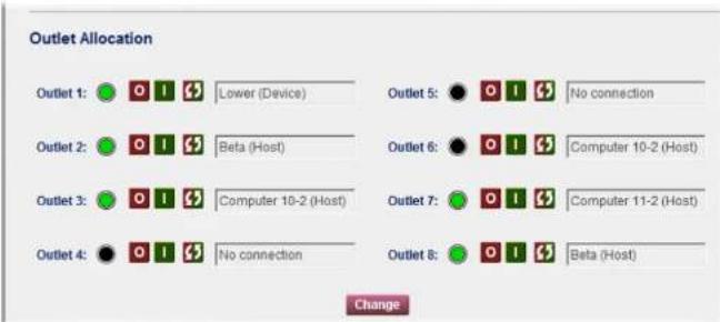 Outlet Allocation Outlet 1: Lower (Device) Outlet 2: Beta (Host) Outlet 3: Computer 10-2 (Host) Outlet 4: No connection Outlet 5: No connection Outlet 6: Computer 10-2 (Host) Outlet 7: Computer 11-2 (Host) Outlet 8: Beta (Host) Change