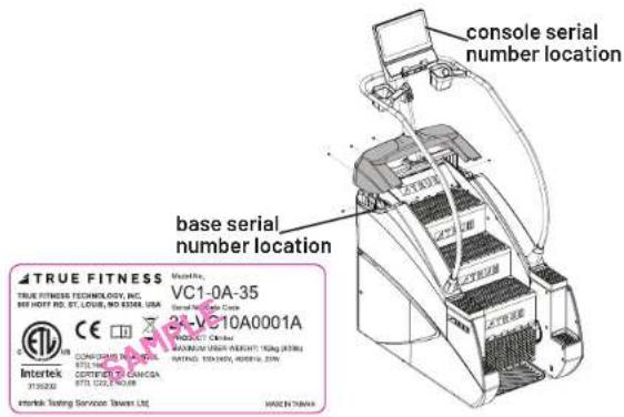 console serial number location base serial number location TRUE FITNESS VC1-0A-35 CC-VC10A0001A Intertek 3130202 CONSULTING PROCESSED RITELMENT CERTIFICATE BY: GANCA BTS: 1207.14928 Intertek Testing Services (Tawan) Ltd. BASE IN TIANA
