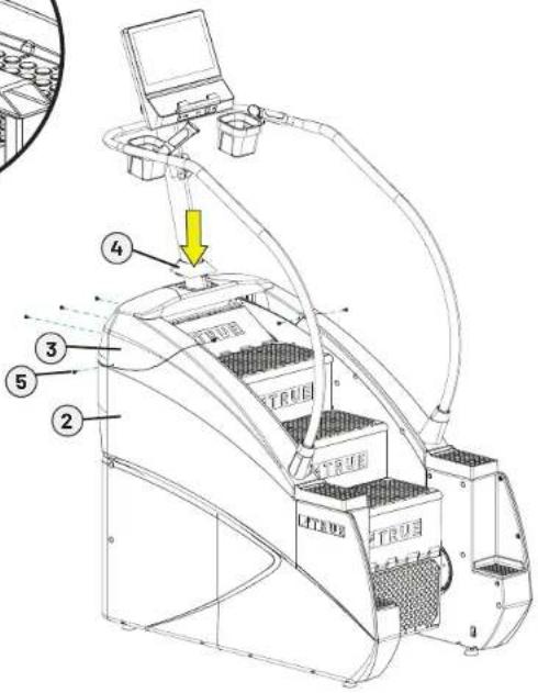 Technical diagram of a machine with numbered components and labeled parts, including a highlighted section view.