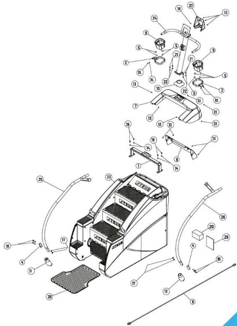 Exploded view diagram of a mechanical device with numbered components for identification and assembly reference.