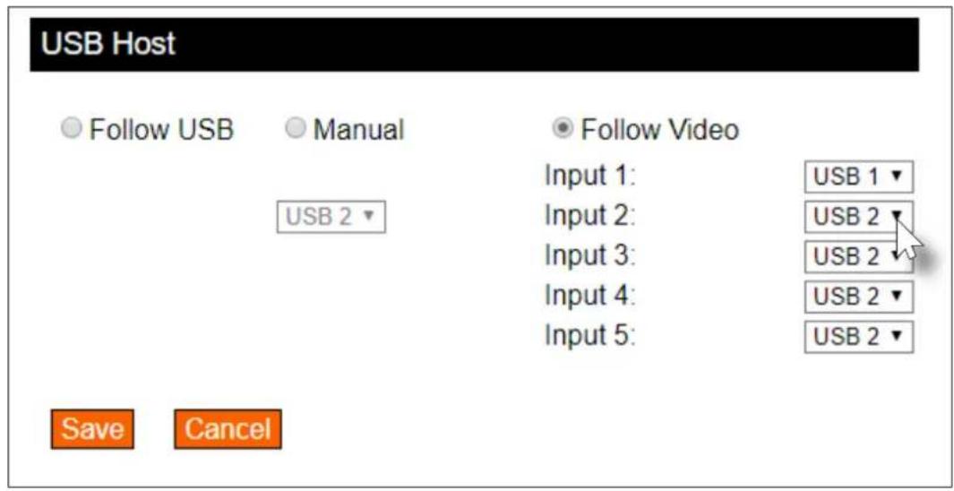USB Host Follow USB Manual Follow Video Input 1: USB 1 ▼ Input 2: USB 2 ▼ USB 2 ▼ USB 2 ▼ Input 3: USB 2 ▼ Input 4: USB 2 ▼ Input 5: USB 2 ▼ Save Cancel