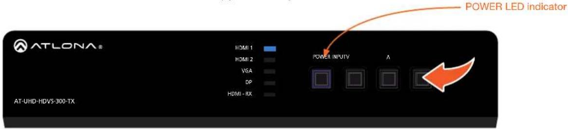 ATLONA® HDMI 1 HDMI 2 VGA DP HDMI - RX POWER INPUTV A POWER LED indicator AT-UHD-HDV5-300-TX