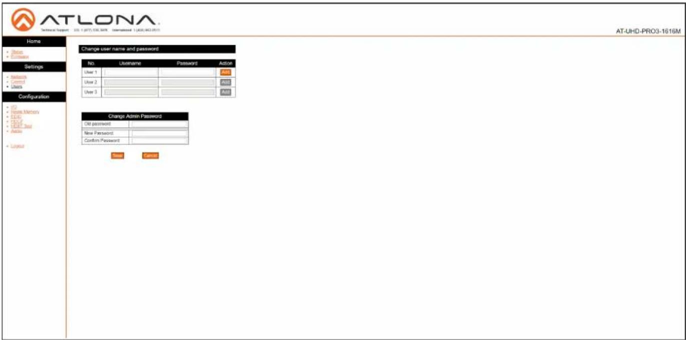 AT-LONA Technical Support - 105.1 (87), 936, 904E - International - 1 (83) 862.0513 Home • Date • Course Settings • Release • Control • Users Configuration • ID • Home Memory • EBIT • EBIT • EBIT Test • Audio • Layout Change user name and password No. Username Password Action User 1 User 2 User 3 Add Add Add Change Admin Password Old password New Password Confirm Password Save Cancel AT-UHD-PRO3-1616M