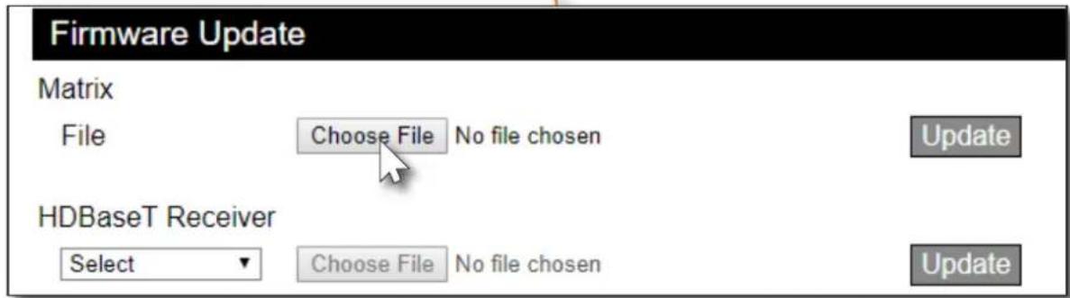 Firmware Update Matrix File Choose File No file chosen Update HDBaseT Receiver Select Choose File No file chosen Update