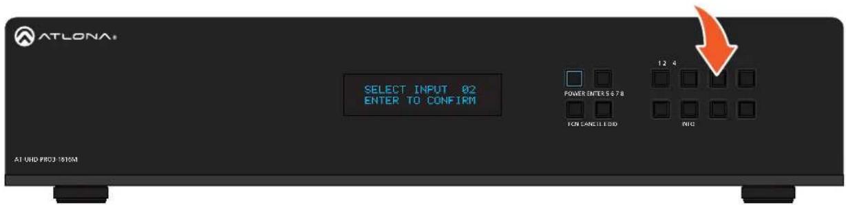 ATLONA SELECT INPUT 02 ENTER TO CONFIRM POWER ENTER 5678 TON CANCEL EDD 12 4 FIG AT UHD PROJ 10KM
