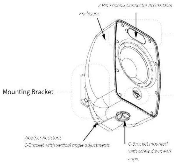 2 Pin Phoenix Connector Access Door Enclosure Mounting Bracket Weather Resistant C-Bracket with vertical angle adjustments C-Bracket mounted with screw down end caps.