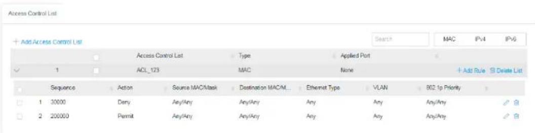 Access Control List + Add Access Control List Access Control List Type Applied Port ✓ 1 ACL_123 MAC None + Add Rule Delete List Sequence Action Source MAC/Mask Destination MAC/M... Ethernet Type VLAN 802.1p Priority 1 30000 Deny Any/Any Any/Any Any Any Any/Any 2 200000 Permit Any/Any Any/Any Any Any Any/Any