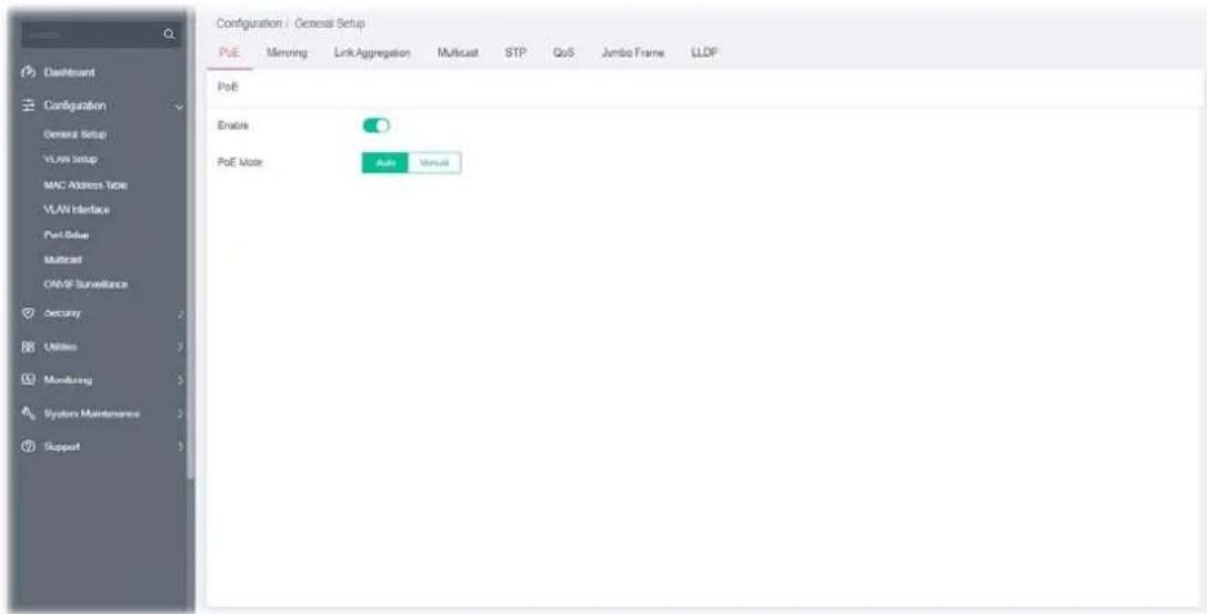 Configuration / General Setup PUE Memory Link Aggregation Multicast STP QoS Jumbo Frame LLDP: PoE Enable PoE Mode Auto Manual